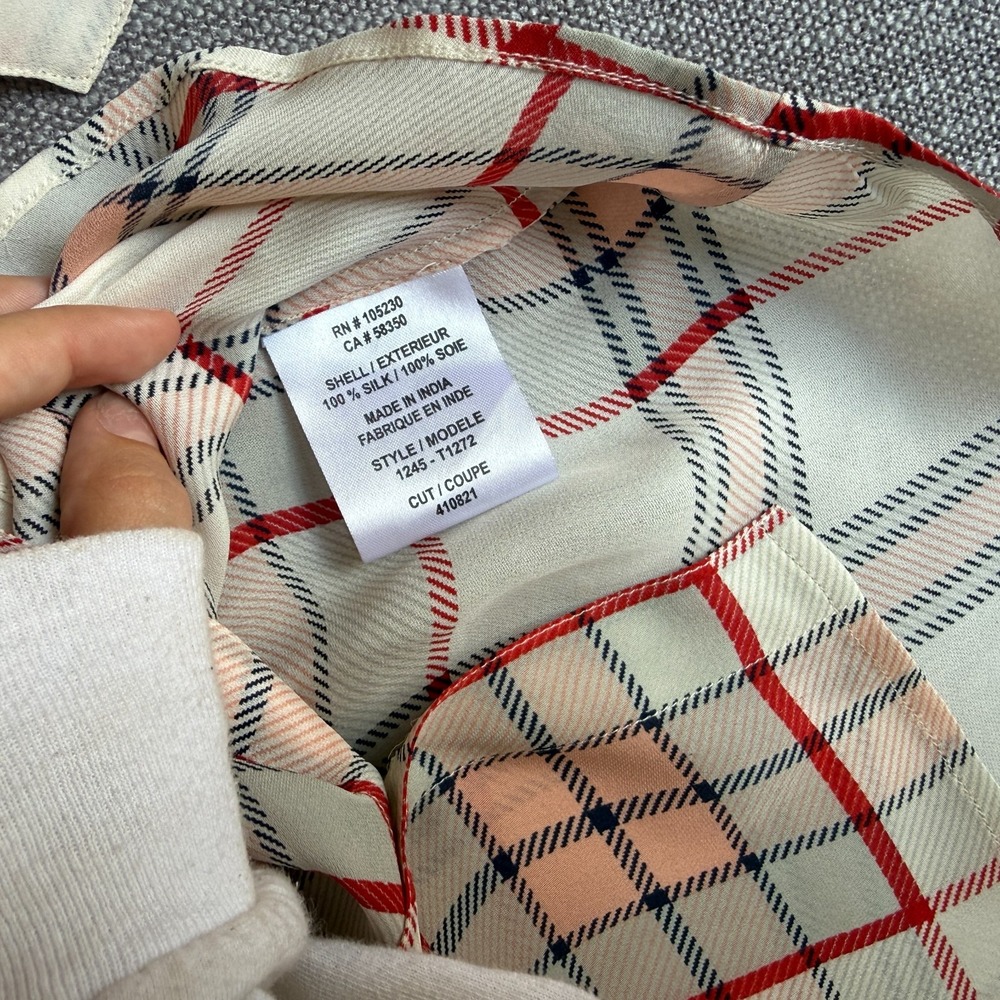 Joie Shirt Womens XS Beige Plaid Silk Roll Tab Sleeve Lightweight Button Front - Picture 7 of 8
